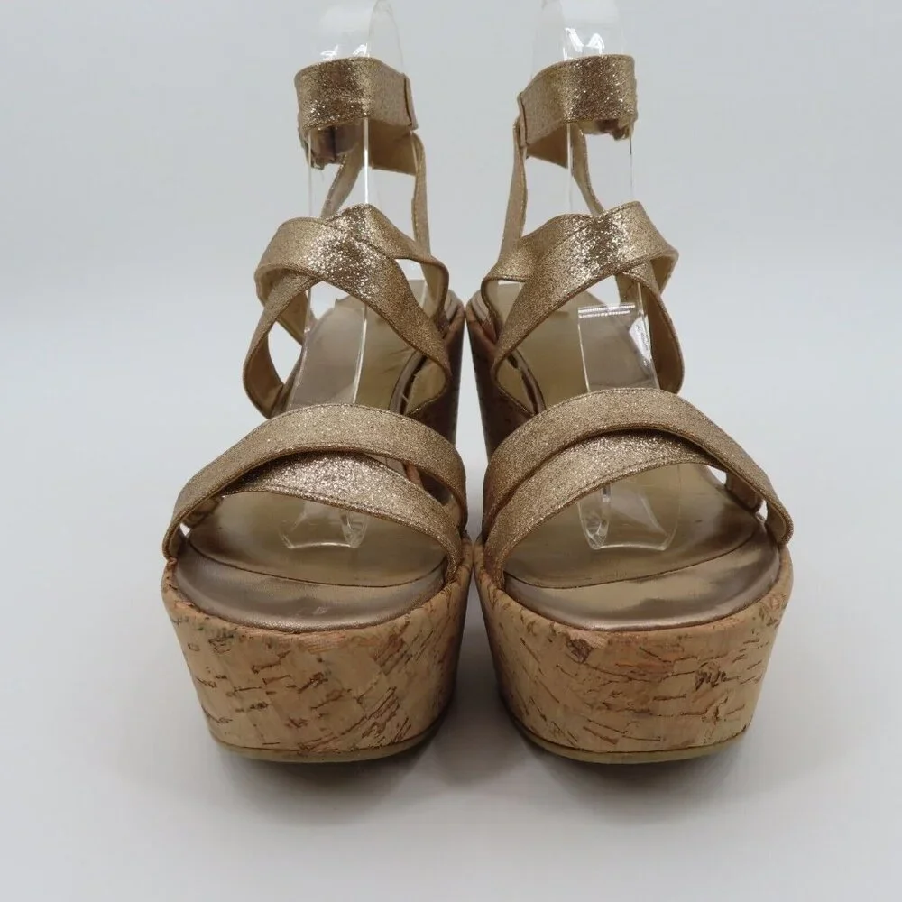 Stuart Weitzman Women 9M Gold Glitter Cork Platform Wedge Sandals Strappy Shoes - Picture 4 of 13